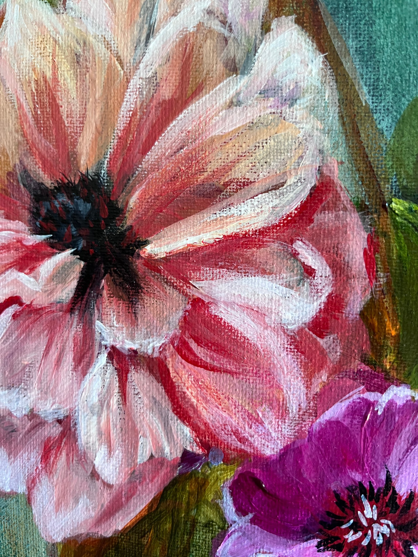 Close-up of layered pink and purple flower petals and visible brushstrokes