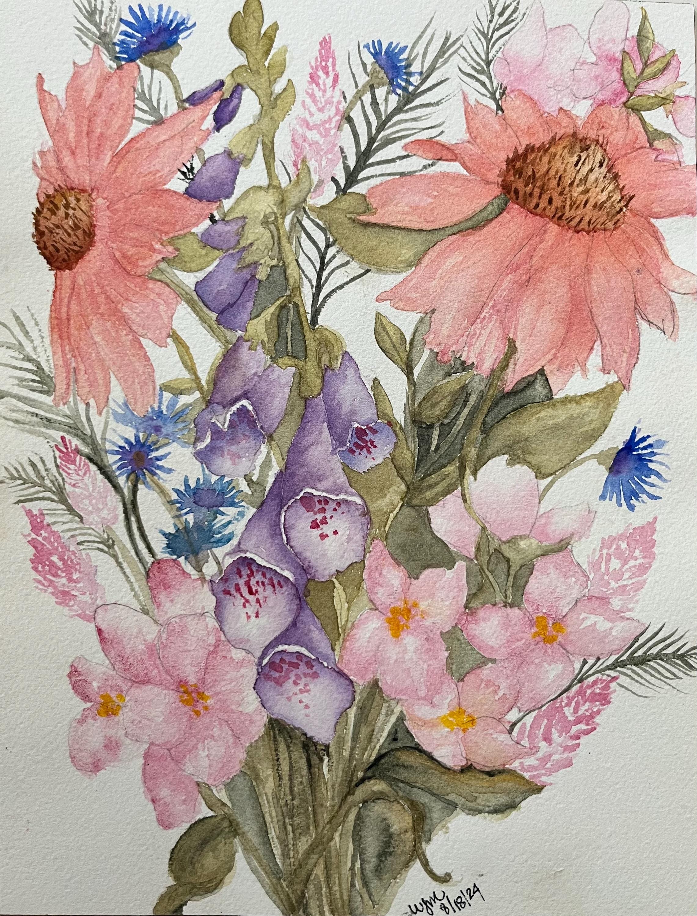 Wildflower Bouquet Wendy Watercolor Giclée Print, Cottage Garden Floral Wall Art (Matted 11x14)
