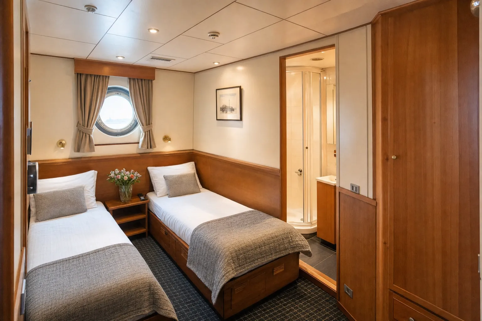 Compact twin cabin with a private bathroom aboard a canal barge