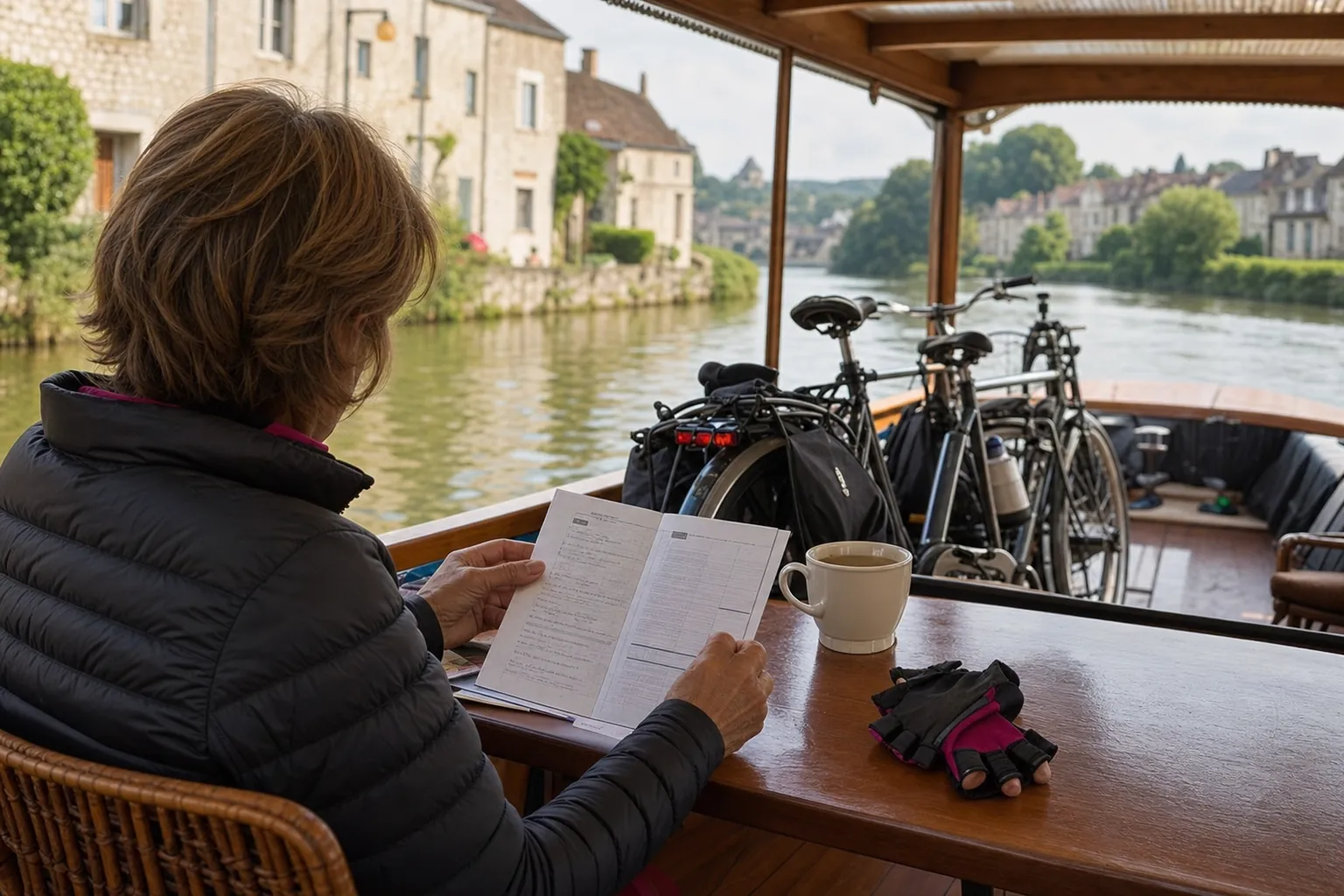 Traveler reviewing trip details on the covered deck of a canal barge