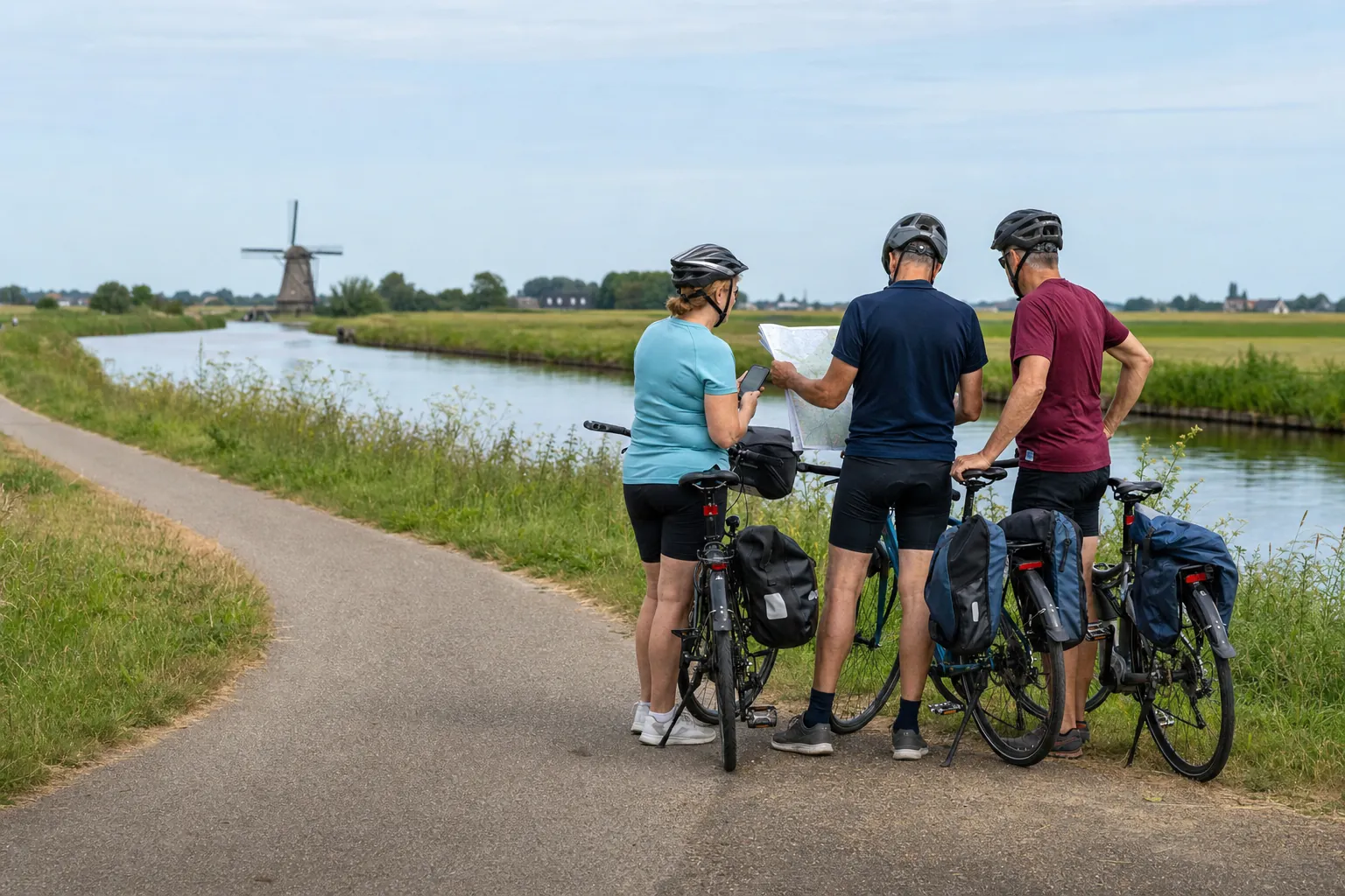 Cyclists checking a route map beside a Dutch canal path