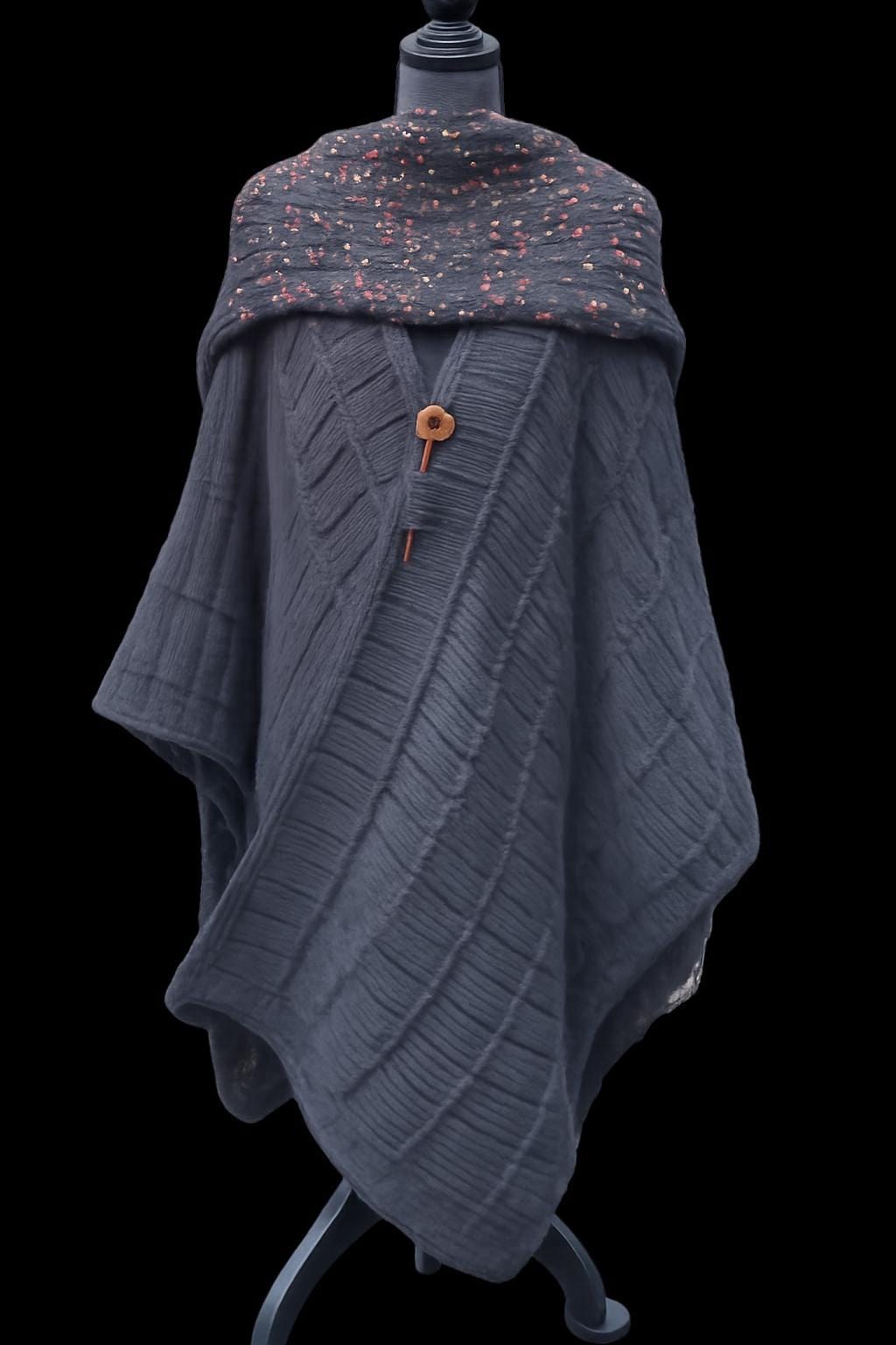 Textural Hand-knitted Assymetrical Maxi Poncho Cape, view 2
