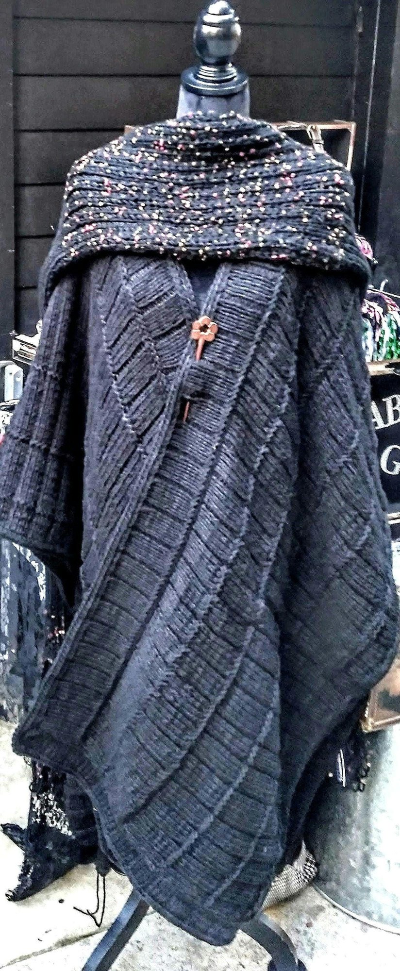 Textural Hand-knitted Assymetrical Maxi Poncho Cape, view 3