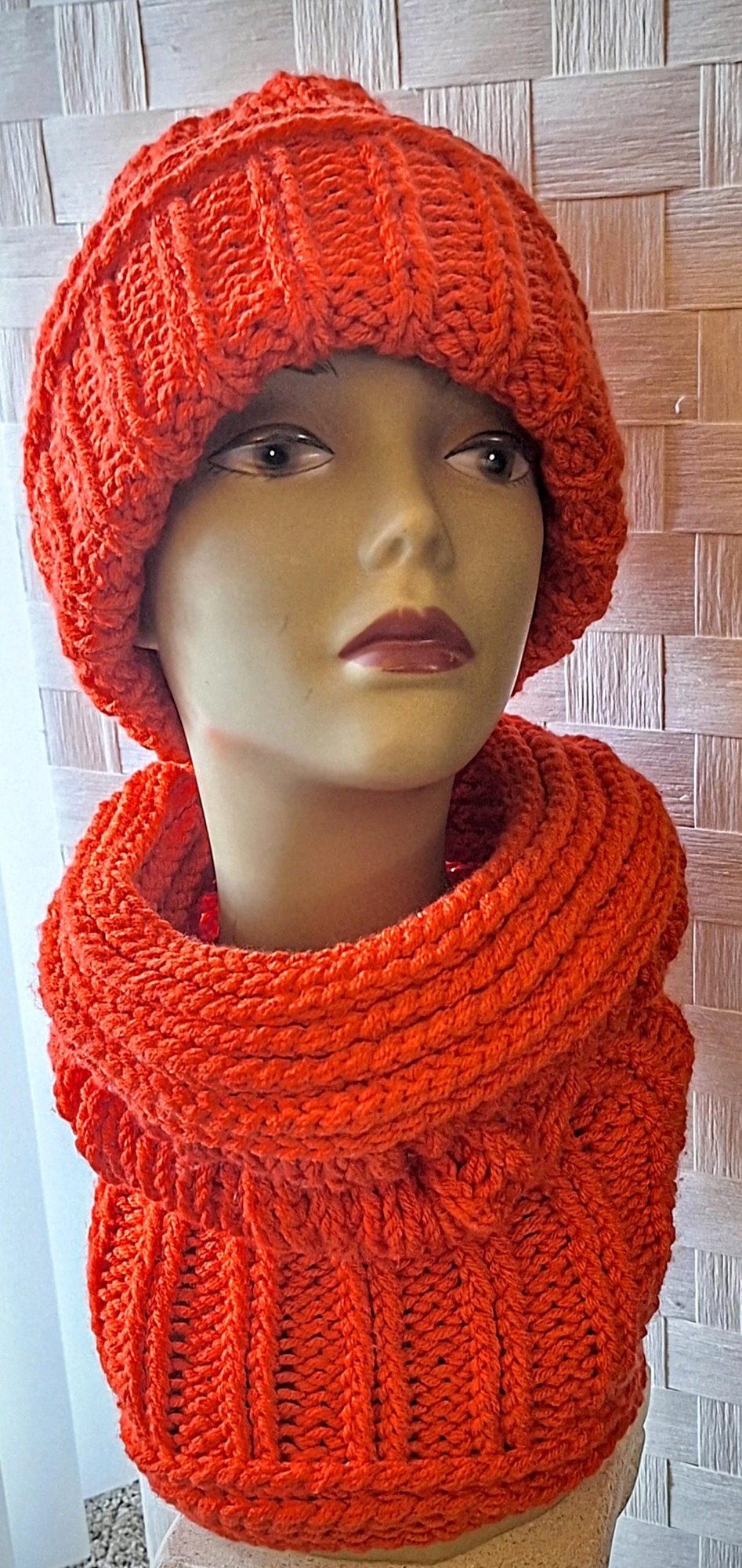 Hand Knit Balaclava/Cowl With Embossed Crochet Details, view 3