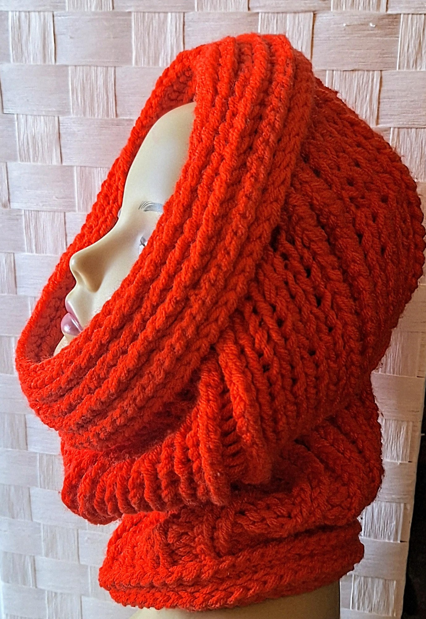 Hand Knit Balaclava/Cowl With Embossed Crochet Details, view 4