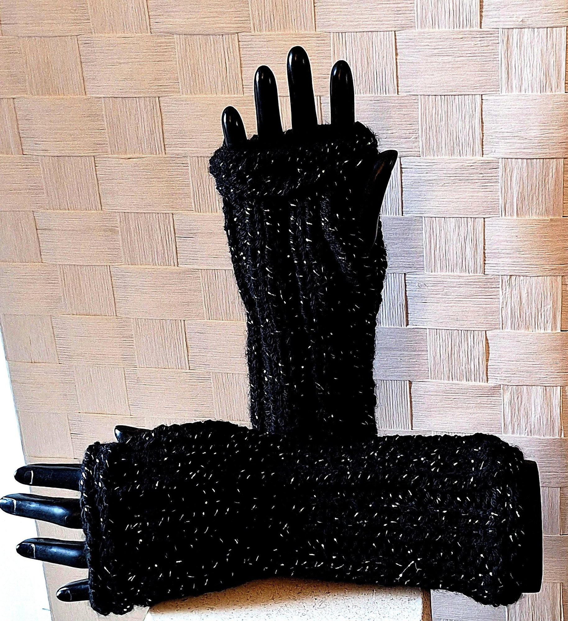 Cashmere Blend Metallic Fingerless Gloves With Bling, view 2