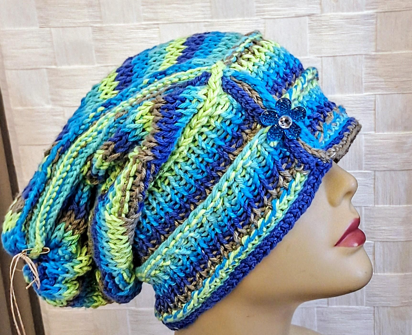 Hand Knit Embossed Slouch Cotton Beanie, view 2