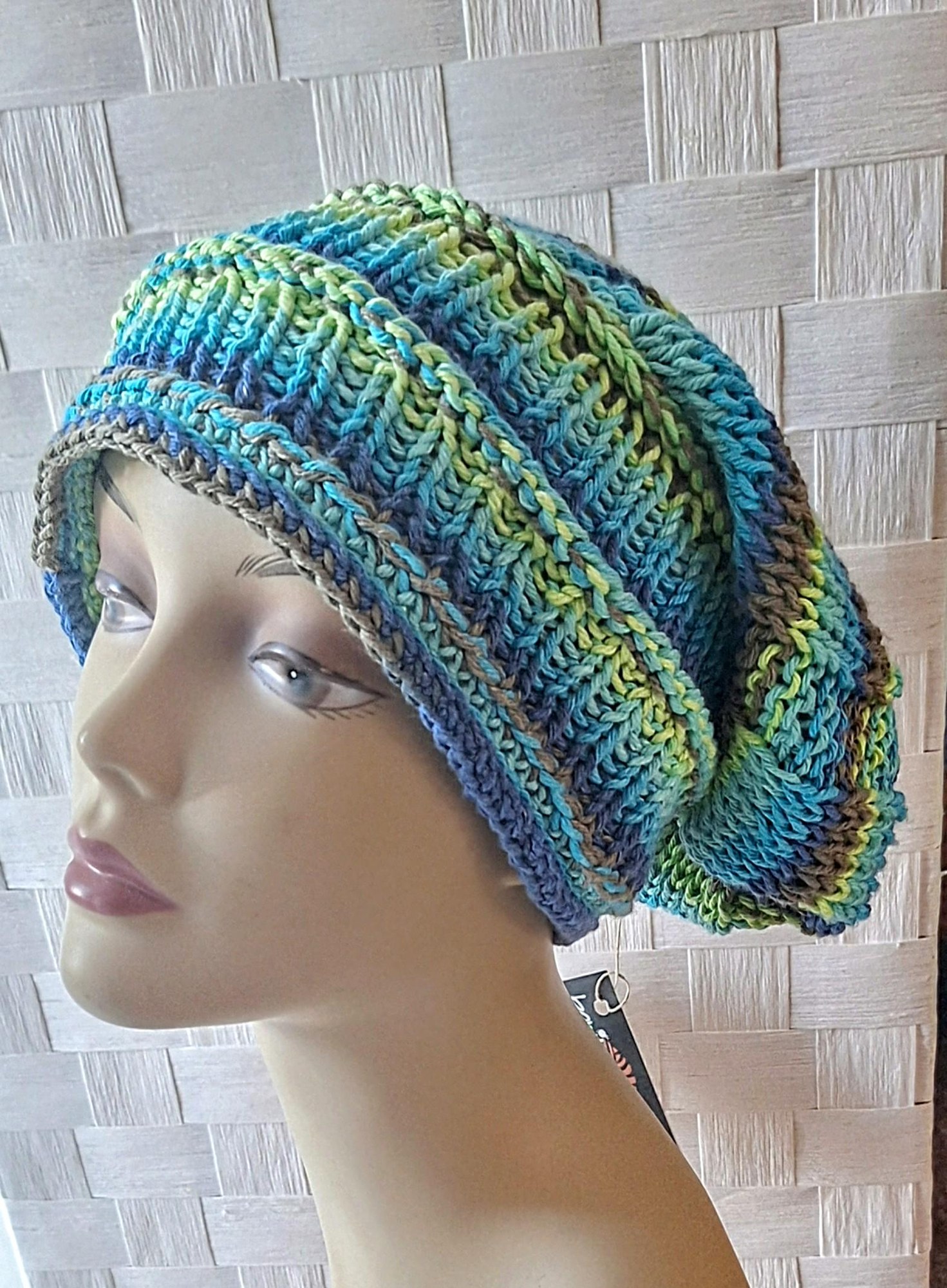 Hand Knit Embossed Slouch Cotton Beanie, view 5