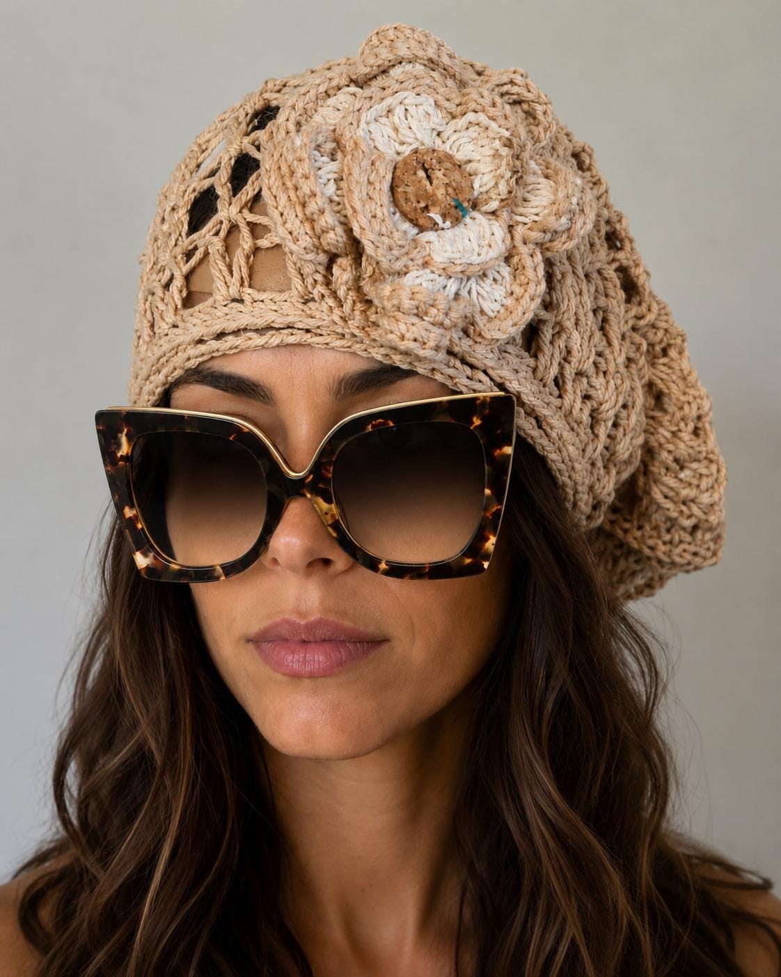 Crochet Bohemian Bandana Accented With Petals & Flowers Brooche
