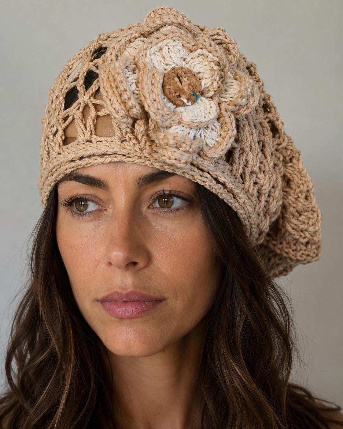 Crochet Bohemian Bandana Accented With Petals & Flowers Brooche, view 2
