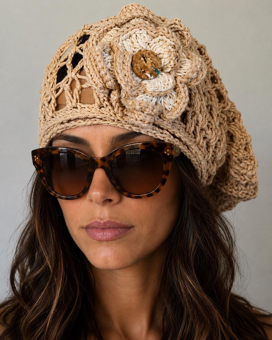 Crochet Bohemian Bandana Accented With Petals & Flowers Brooche, view 3