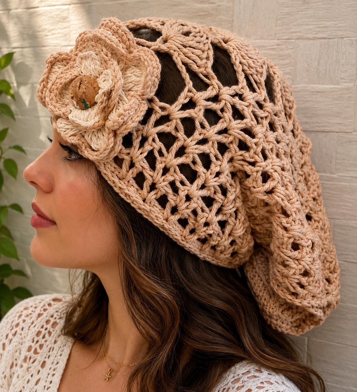 Crochet Bohemian Bandana Accented With Petals & Flowers Brooche, view 4