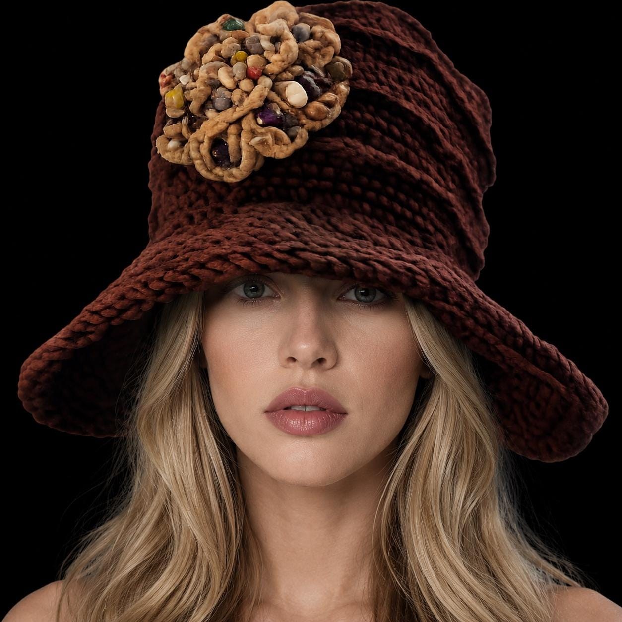 Novelty Embossed Crochet Wide Brim Hemp Hat With Crochet Seashell Brooche