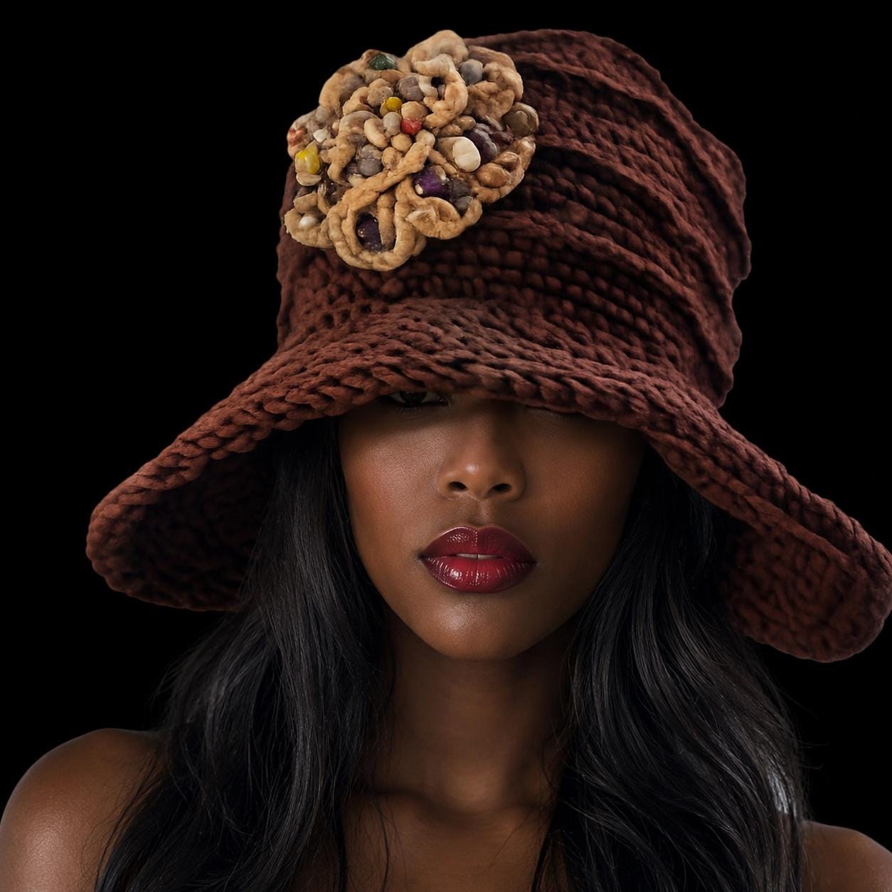Novelty Embossed Crochet Wide Brim Hemp Hat With Crochet Seashell Brooche, view 3