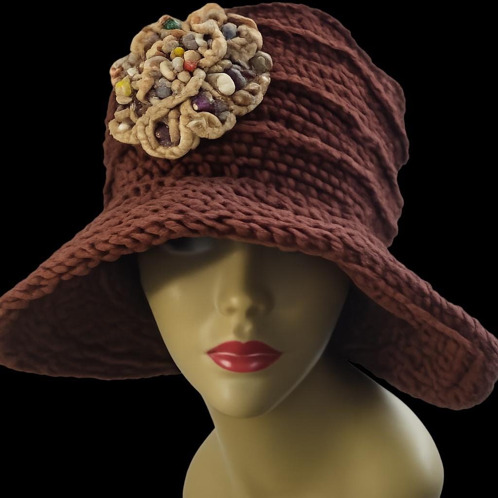 Novelty Embossed Crochet Wide Brim Hemp Hat With Crochet Seashell Brooche, view 4