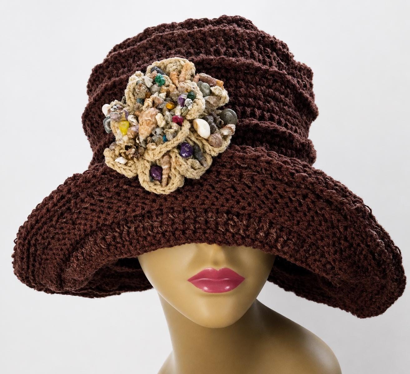Novelty Embossed Crochet Wide Brim Hemp Hat With Crochet Seashell Brooche, view 5