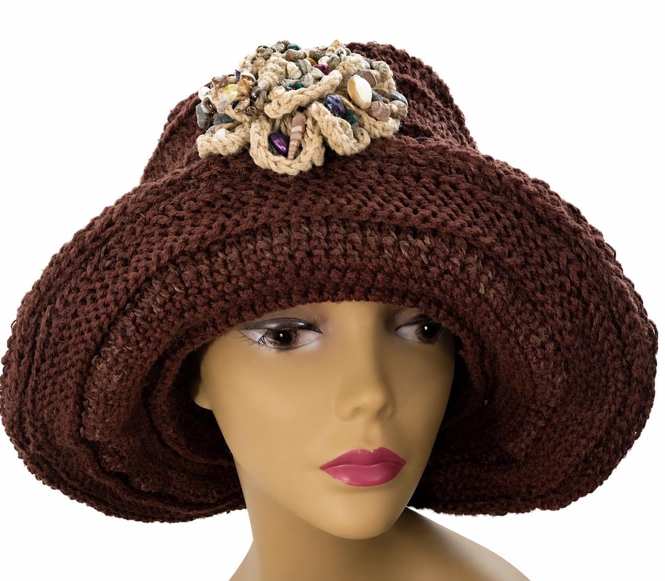 Novelty Embossed Crochet Wide Brim Hemp Hat With Crochet Seashell Brooche, view 6