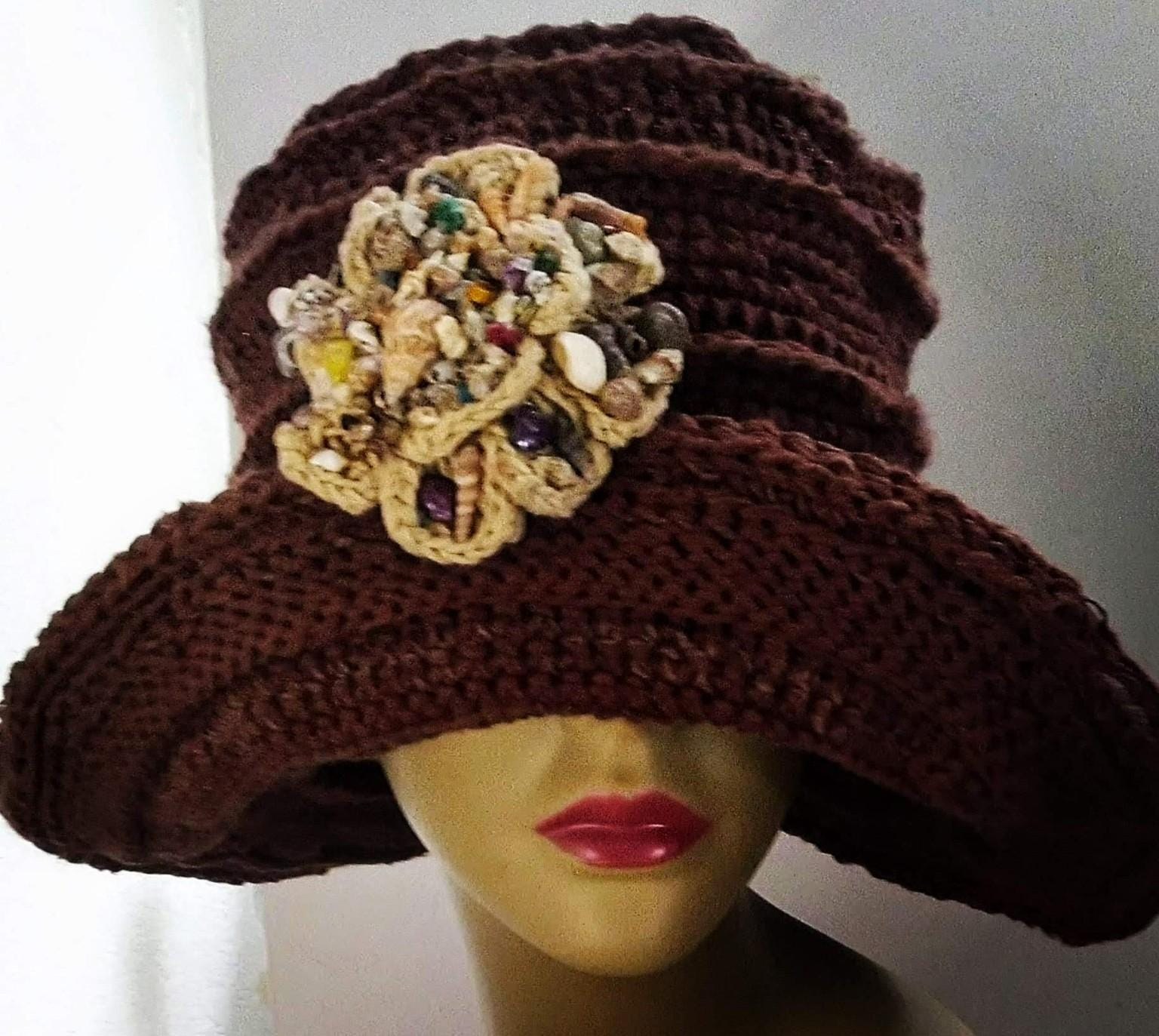 Novelty Embossed Crochet Wide Brim Hemp Hat With Crochet Seashell Brooche, view 7