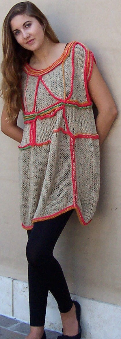 Reversible Assymetrical Sleeveless Knit Tunic With Abstract Crochet Design Accents