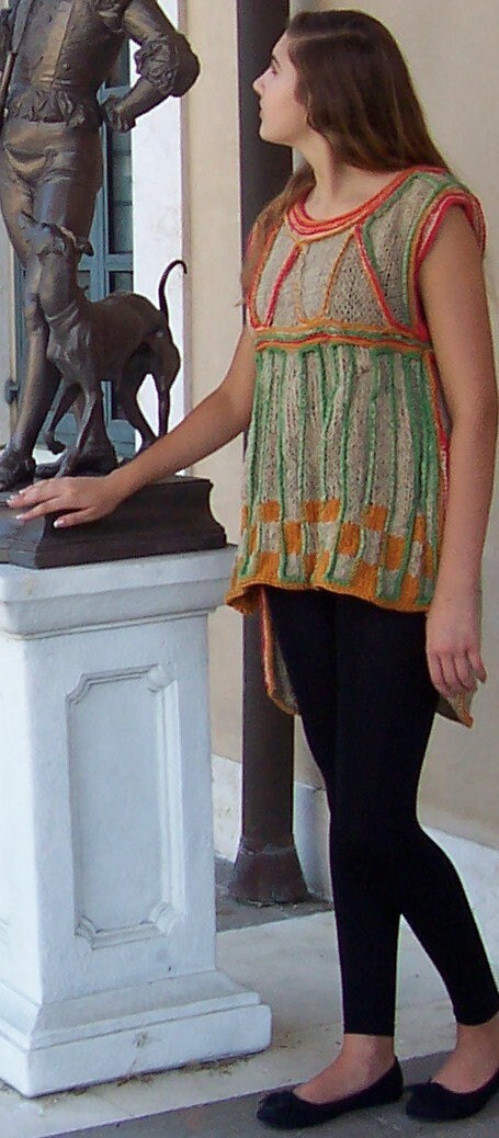 Reversible Assymetrical Sleeveless Knit Tunic With Abstract Crochet Design Accents, view 2
