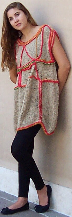 Reversible Assymetrical Sleeveless Knit Tunic With Abstract Crochet Design Accents, view 3