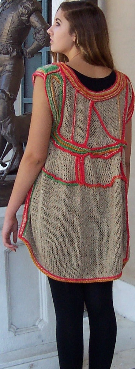 Reversible Assymetrical Sleeveless Knit Tunic With Abstract Crochet Design Accents, view 4