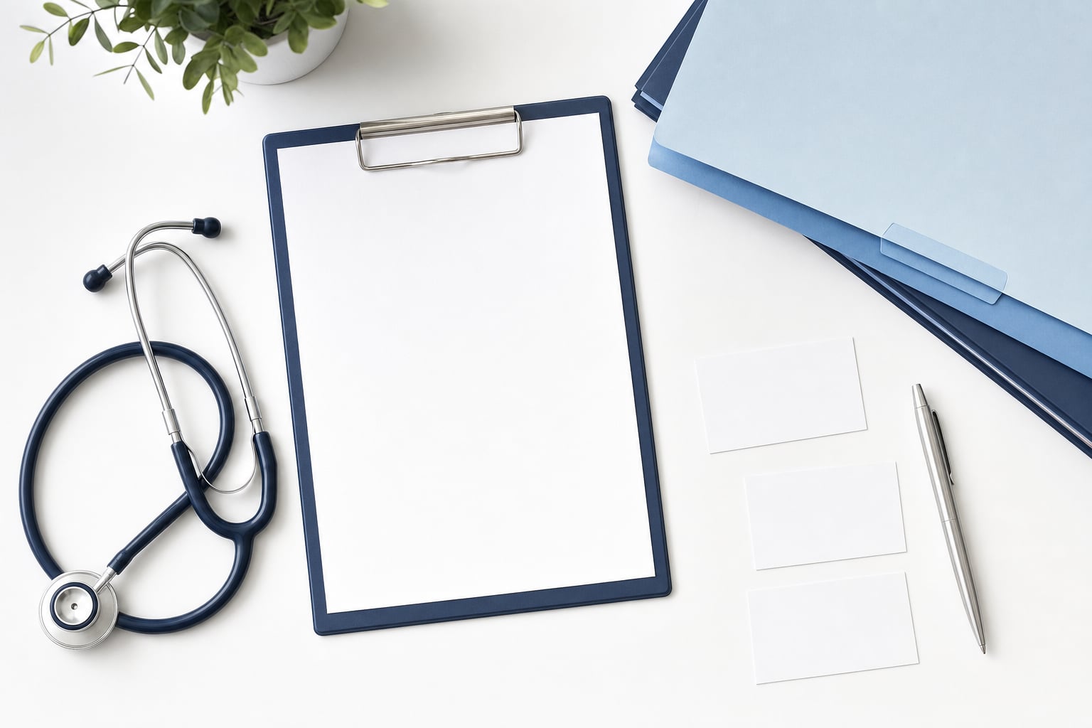 Clipboard, stethoscope, folders, and blank candidate cards arranged for a healthcare hiring plan