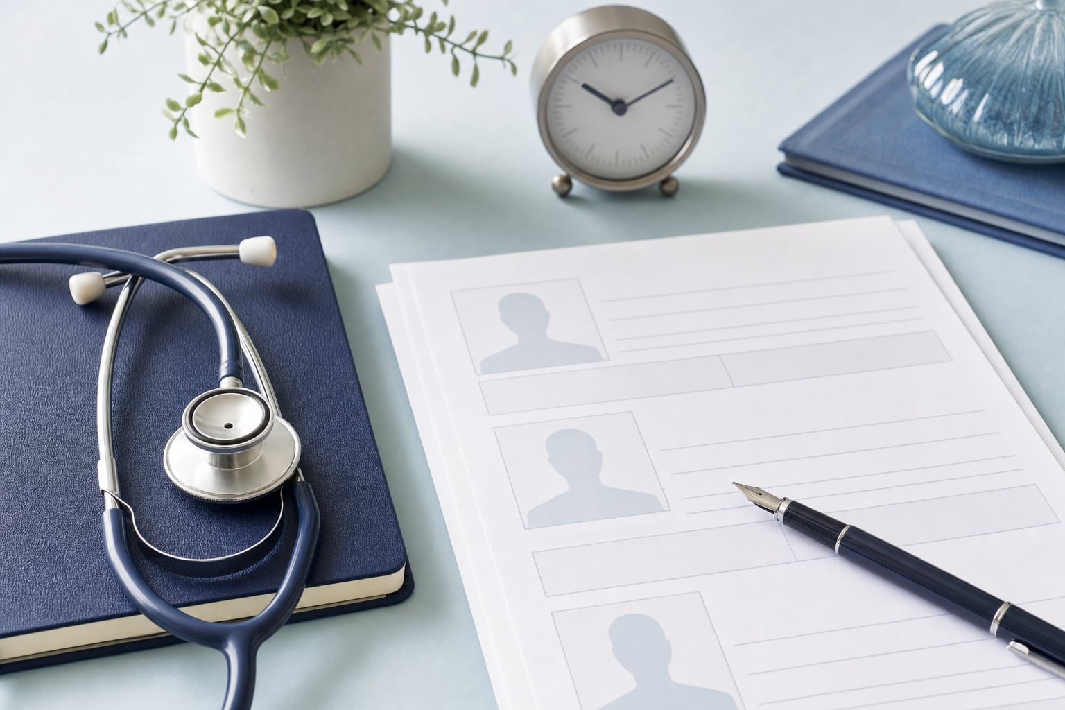 Stethoscope, candidate profile sheets, notebook, and pen prepared for healthcare recruitment planning