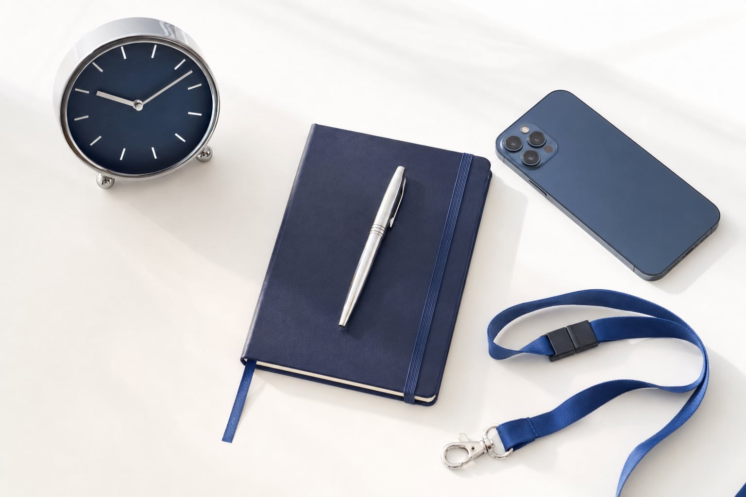 Clock, notebook, phone, and lanyard arranged to represent a clear candidate process