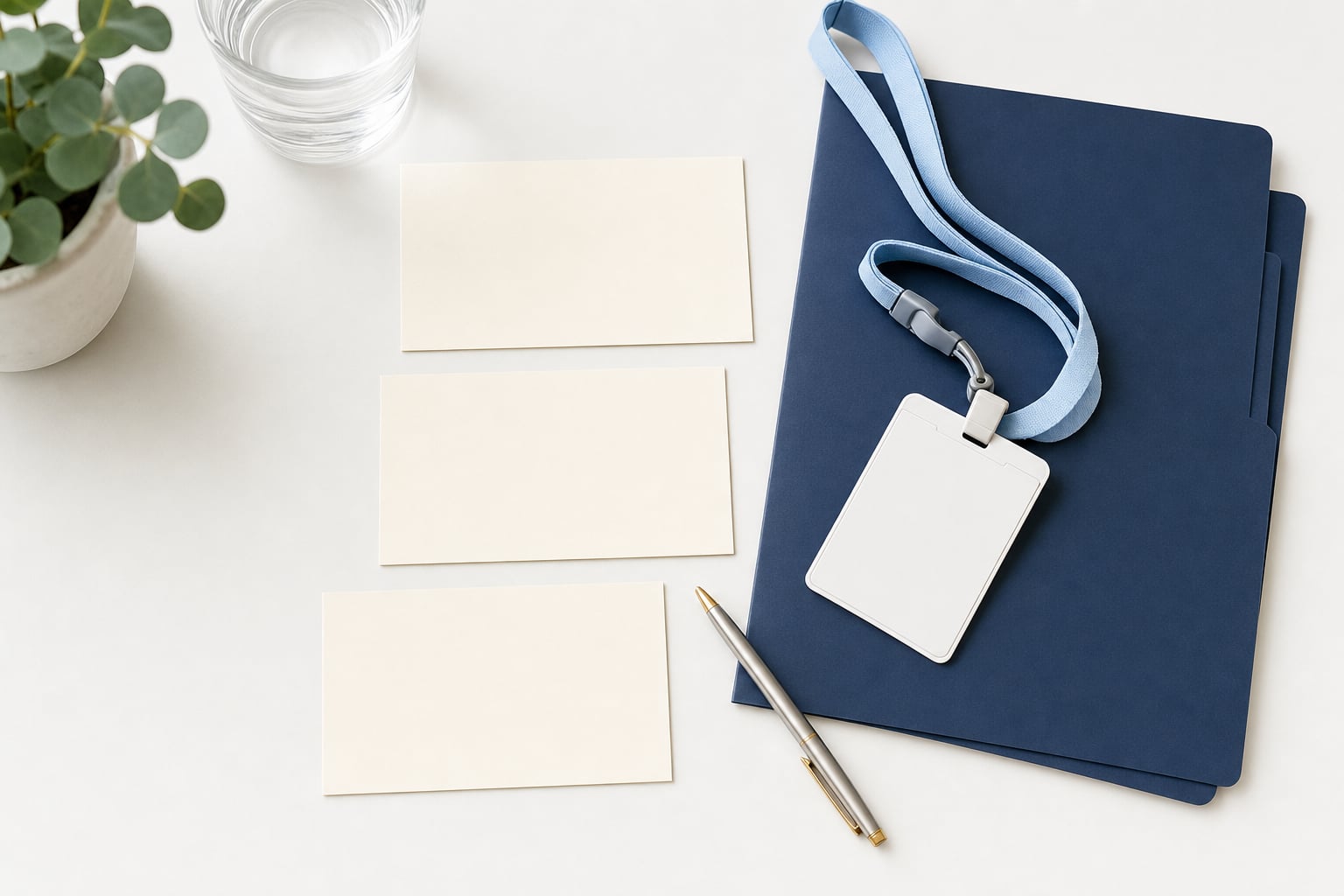 Blank scorecards, ID badge, folder, and pen arranged for a hiring review