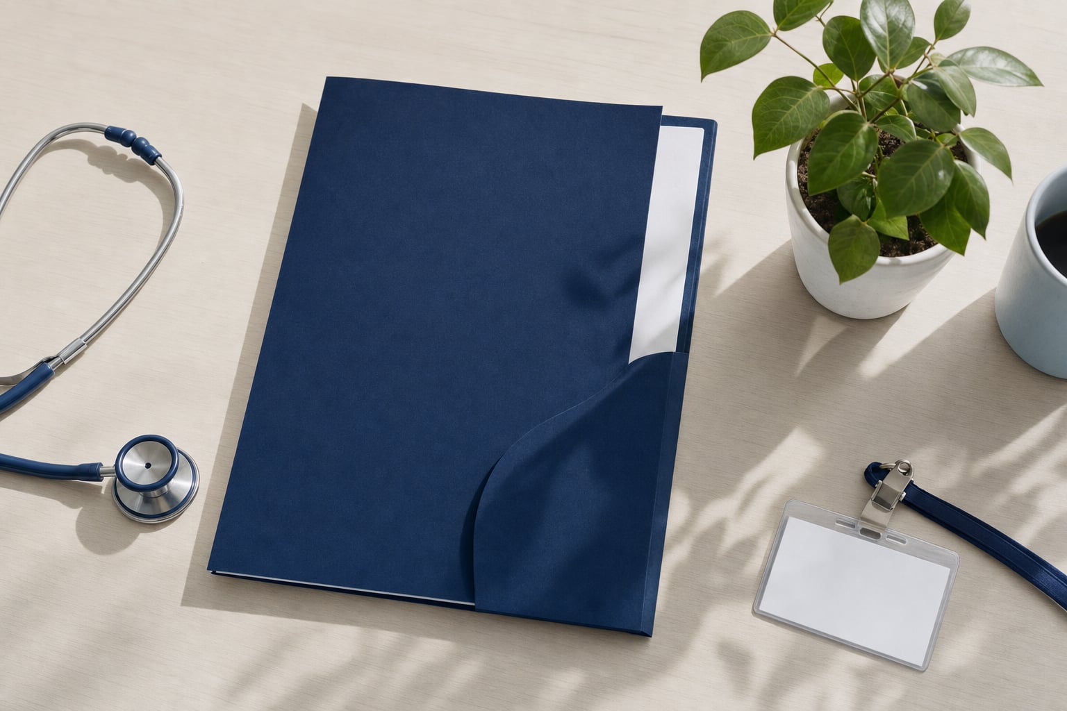 Welcome folder, stethoscope, blank name badge, and green plant prepared for onboarding