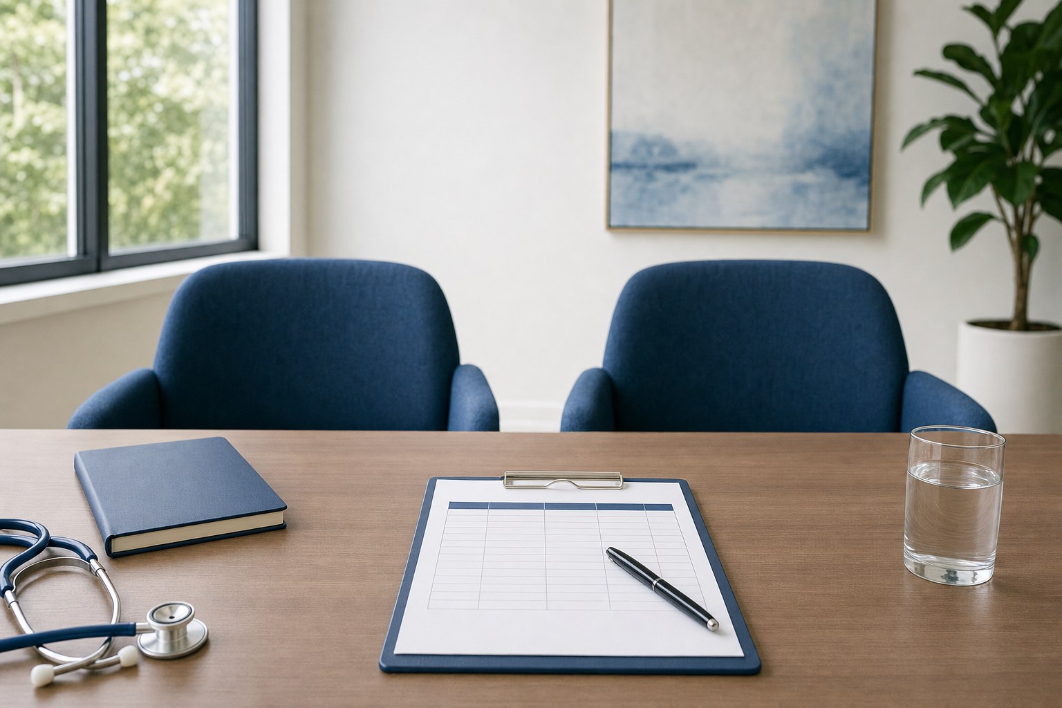 Two chairs and a structured interview scorecard prepared on a meeting table