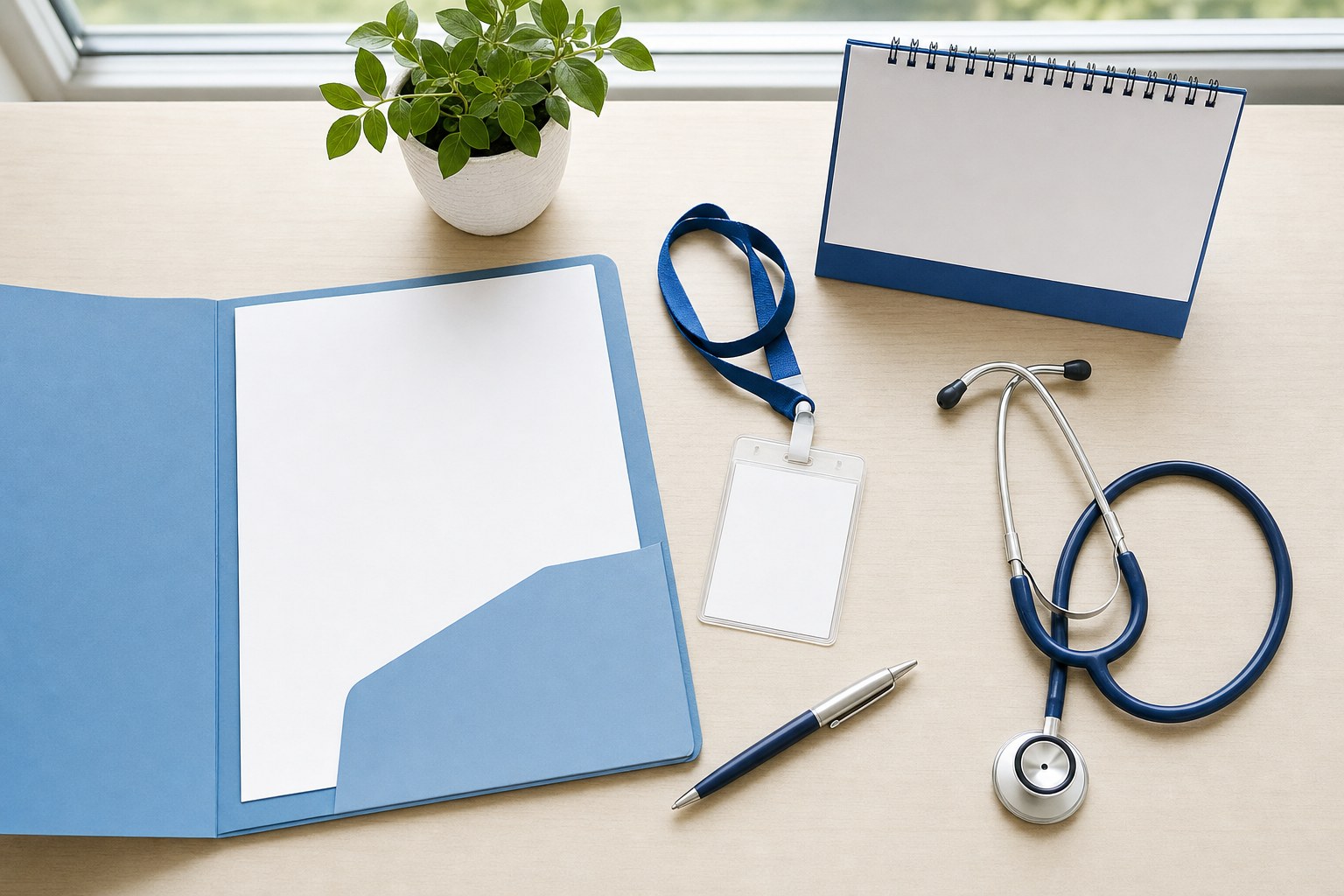 Welcome folder, blank badge holder, calendar, and stethoscope prepared for a new healthcare hire
