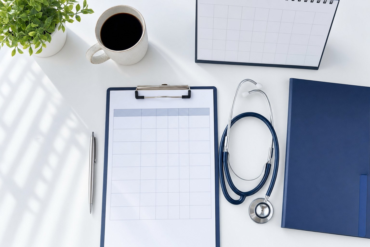 Healthcare recruitment planning materials arranged on a desk with a clipboard and stethoscope
