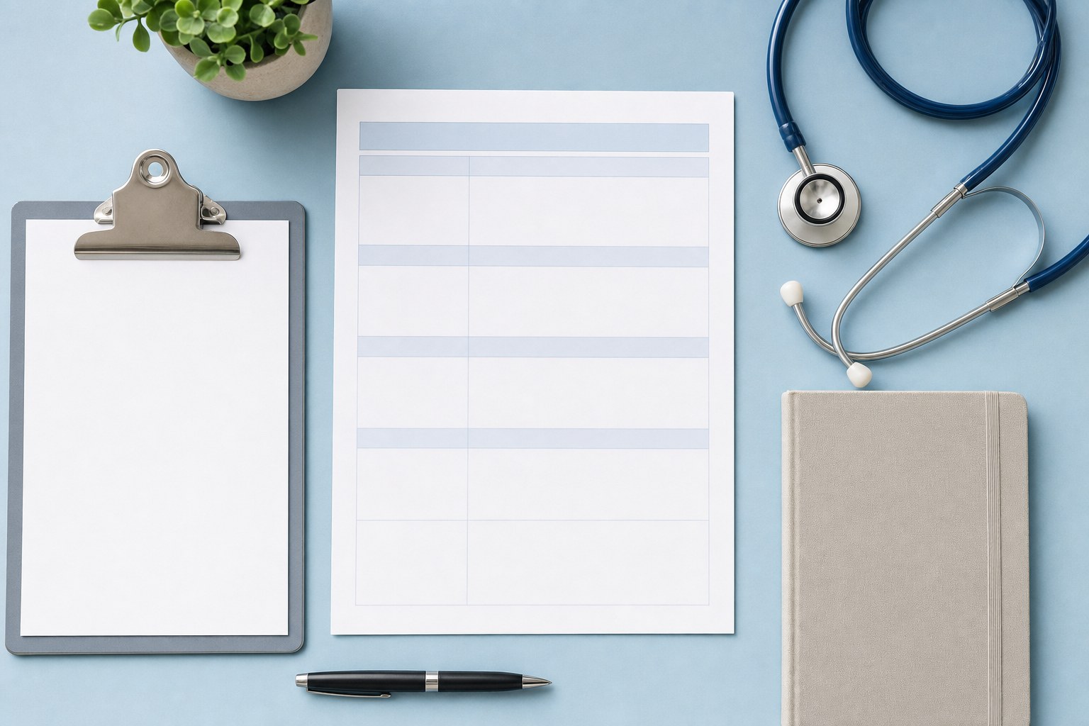 Blank role-planning sheets, a clipboard, stethoscope, and notebook on a blue desk