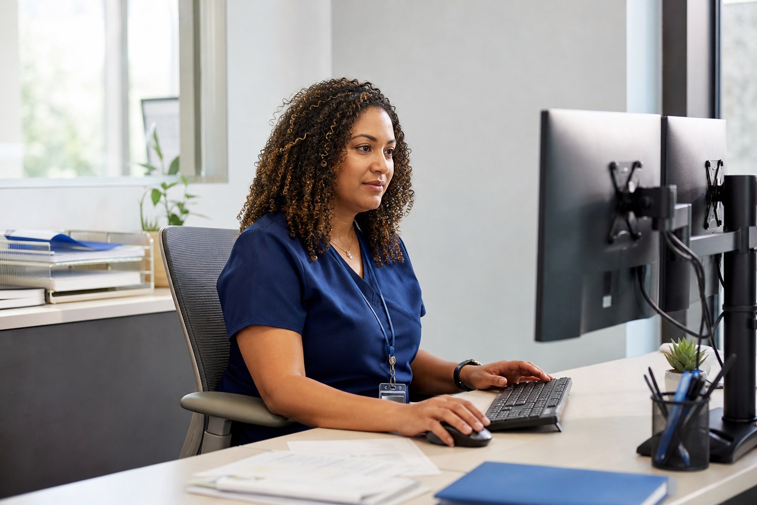 A revenue cycle specialist at a dual monitor desk in a bright healthcare office