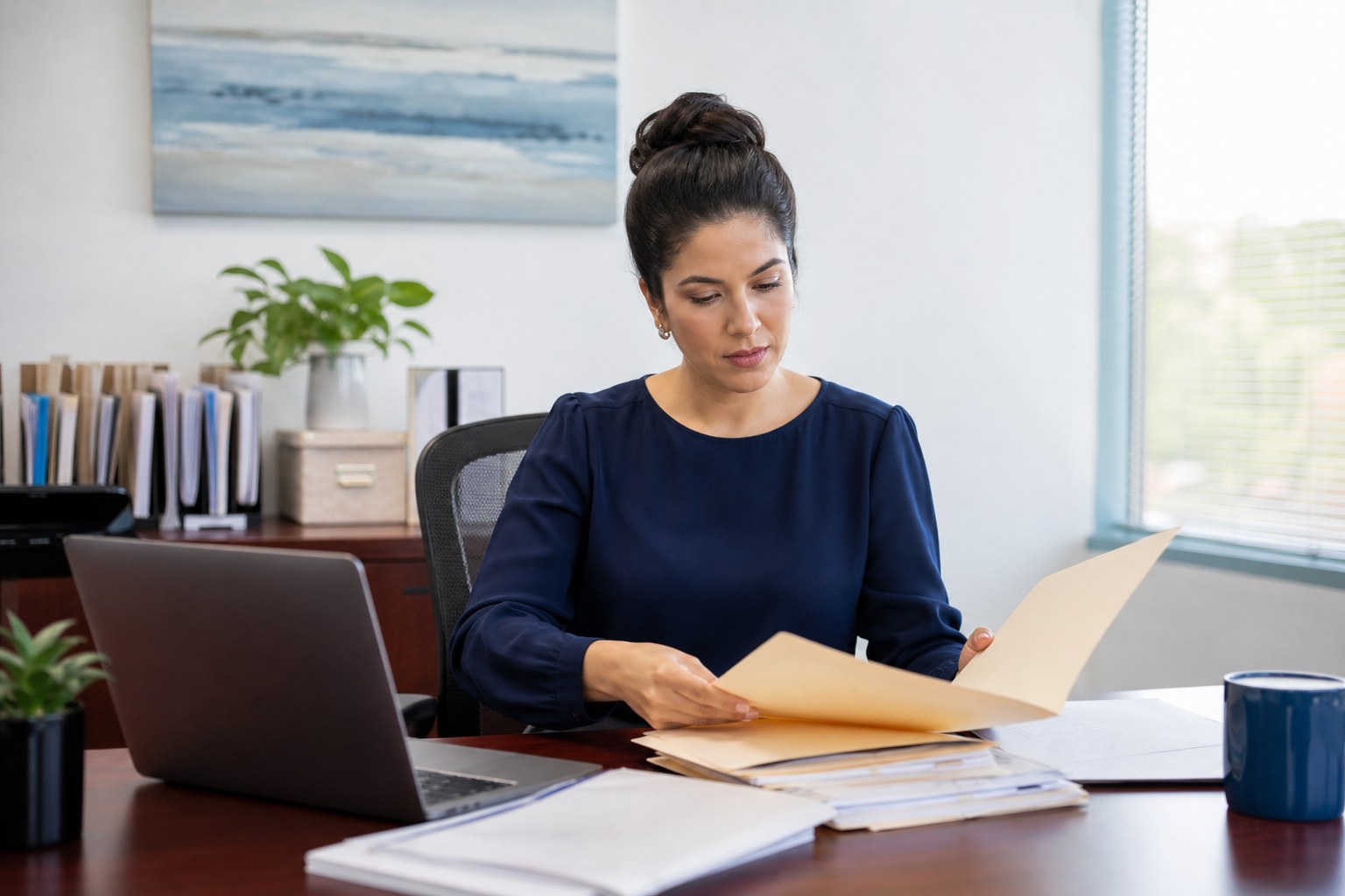 A credentialing specialist reviewing organized folders in a quiet healthcare office