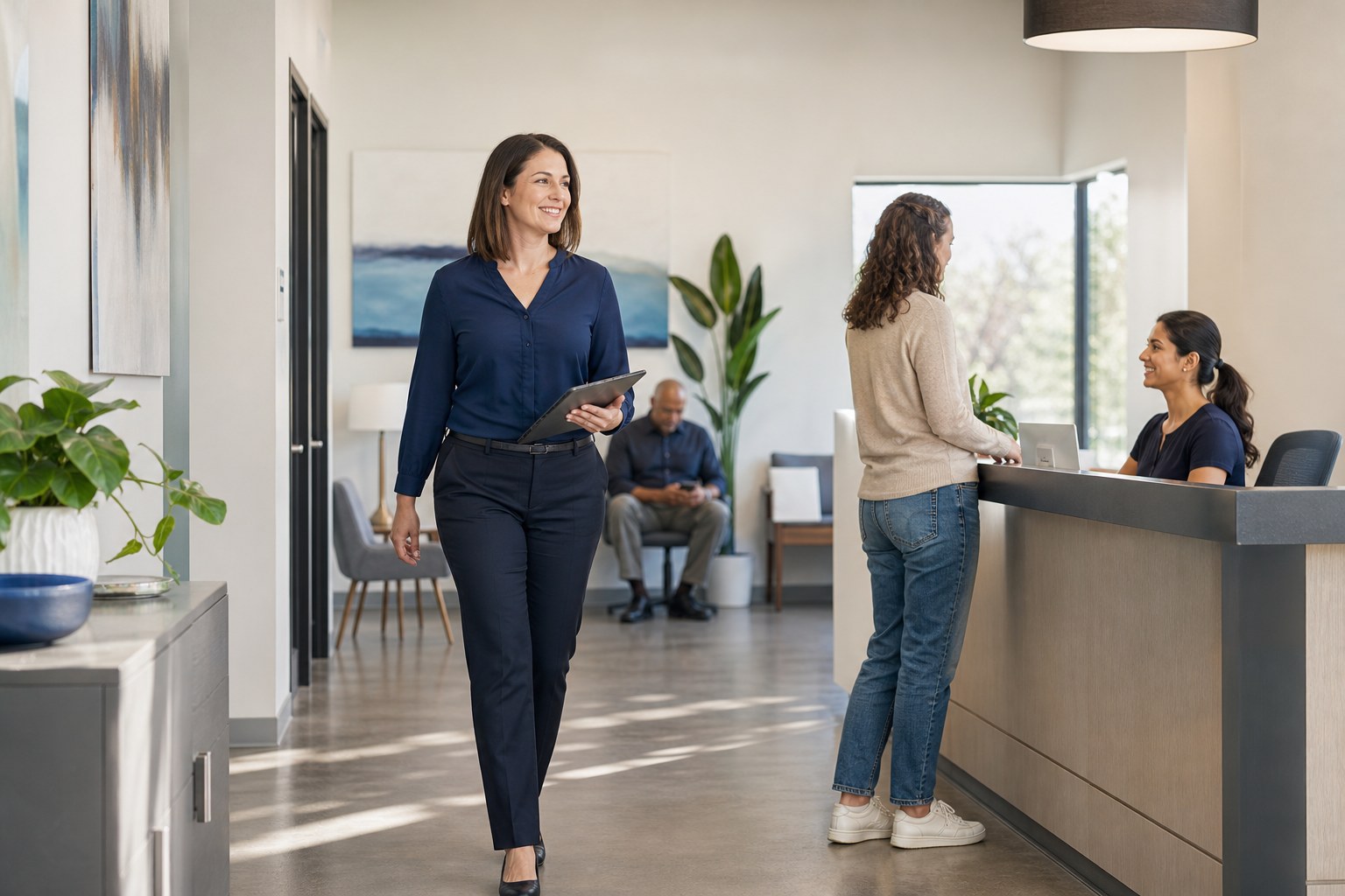A practice administrator walking through a sunlit outpatient reception area