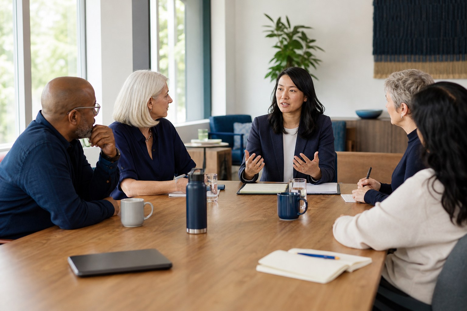 A nonprofit leadership candidate meeting a small board in a bright community organization meeting room