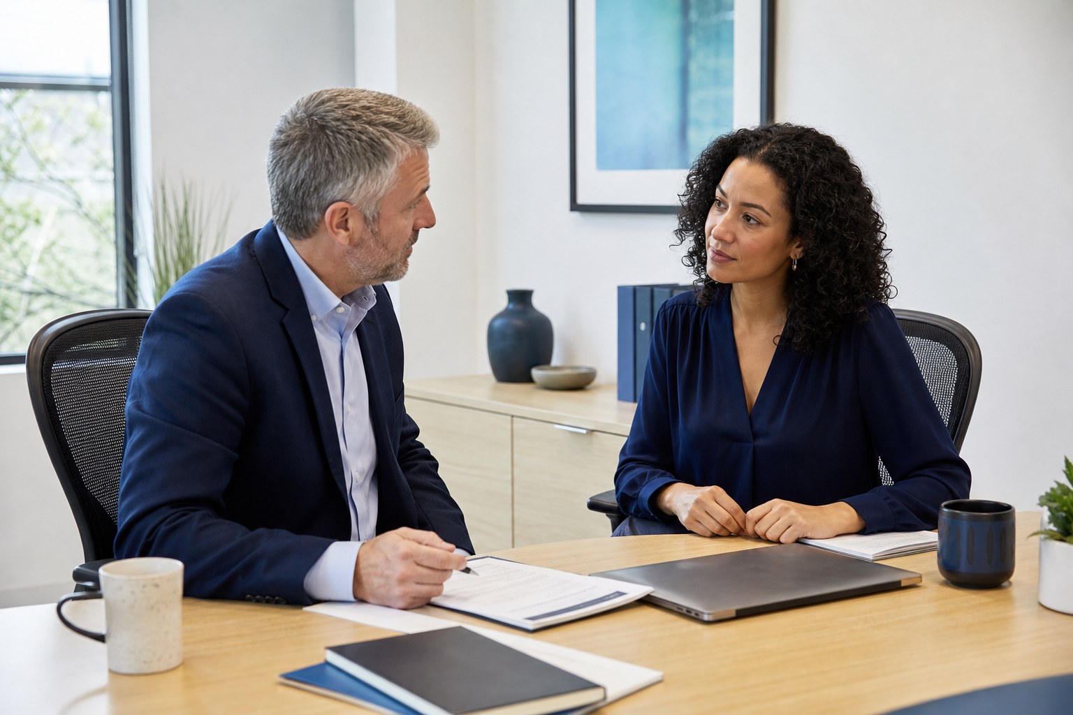 An incoming interim healthcare leader and departing leader discussing a handover in an office