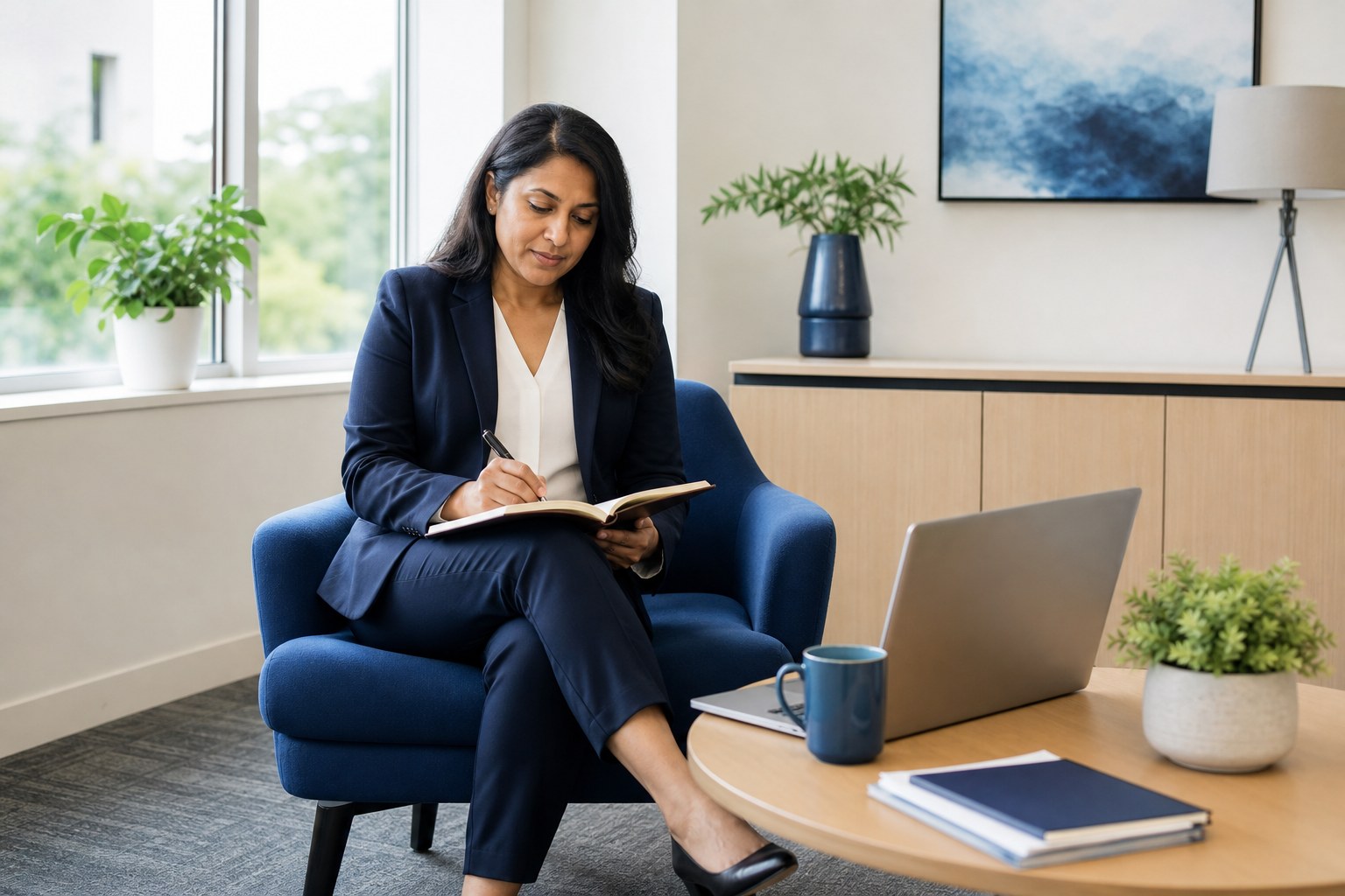 A professional preparing for a leadership interview with a notebook in a quiet office