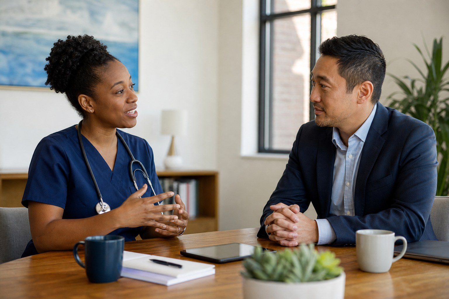 Healthcare and nonprofit professionals in a career conversation