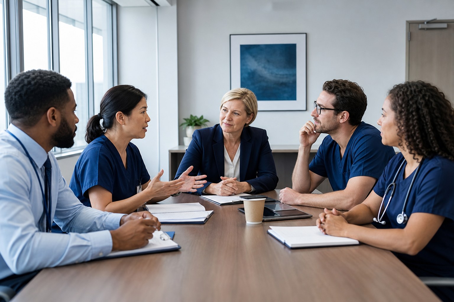 An employer and department supervisors planning a new hire in a healthcare meeting room
