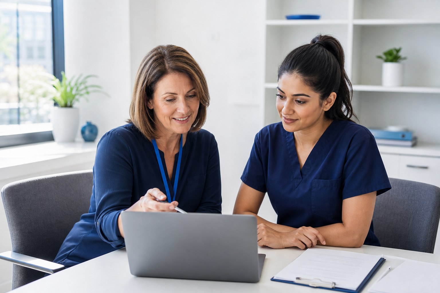 A supervisor and a new colleague reviewing completed work at a bright clinic office table