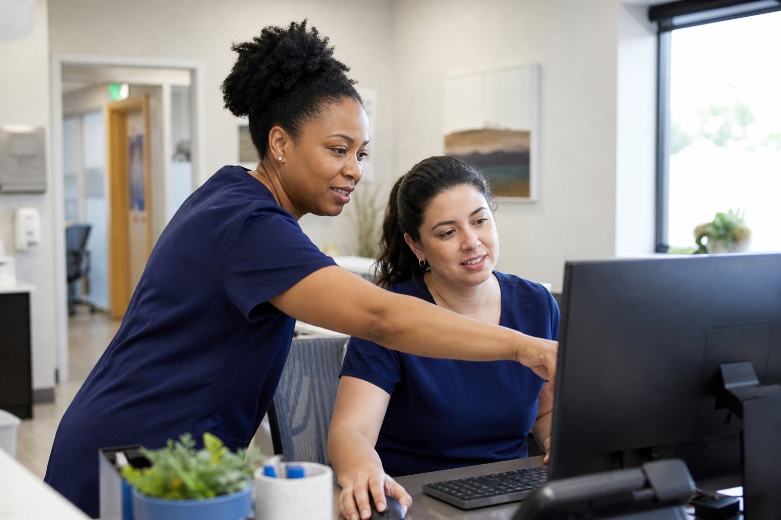 A trainer and adult learner practicing a task together at a healthcare administrative workstation