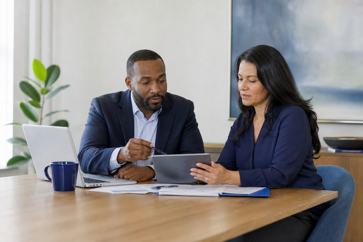 Two employer decision makers reviewing compensation planning at an uncluttered wood table