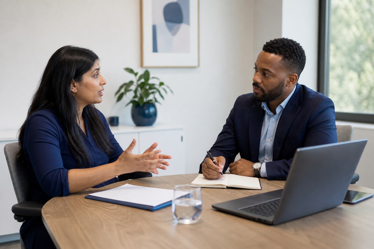 An interviewer listening to a candidate describe a work task across a simple meeting table