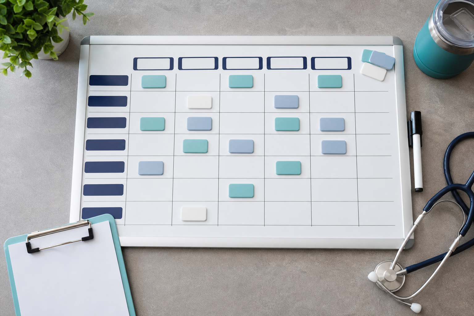 Blank staffing planning board with color-coded markers, clipboard, and stethoscope