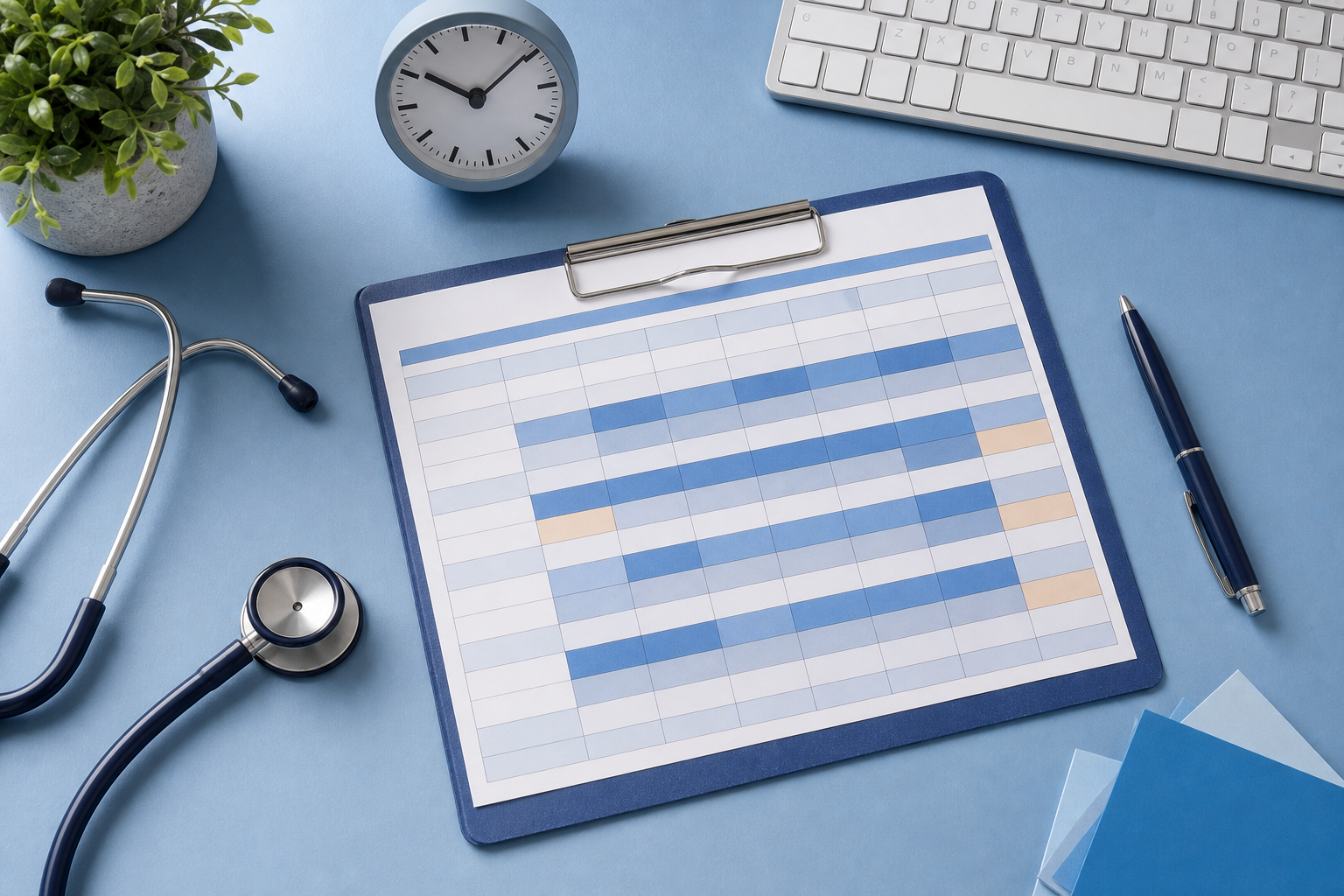 Staffing schedule, stethoscope, clock, and clipboard arranged on a blue desk