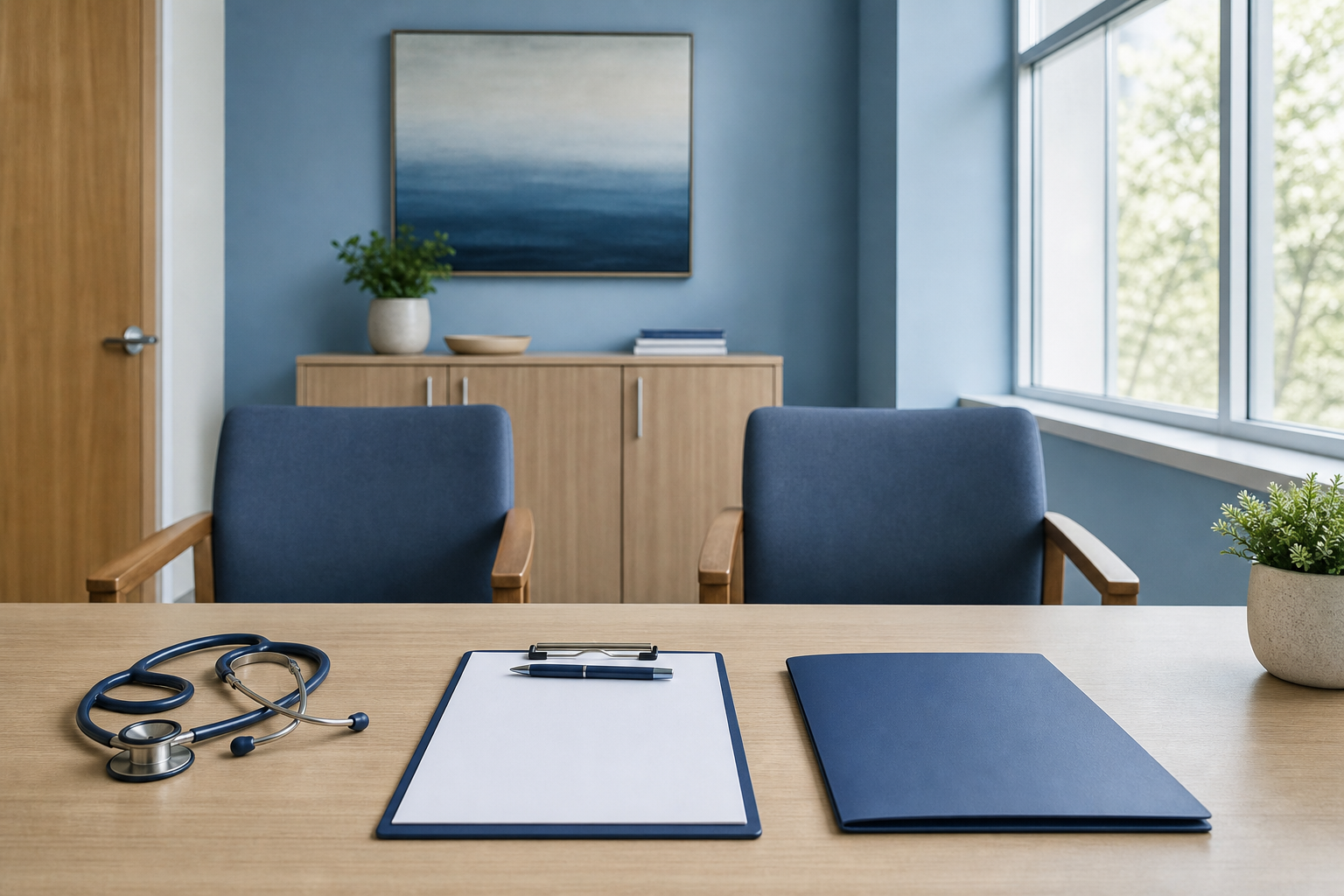 Two chairs prepared for a healthcare interview beside a stethoscope and candidate folder